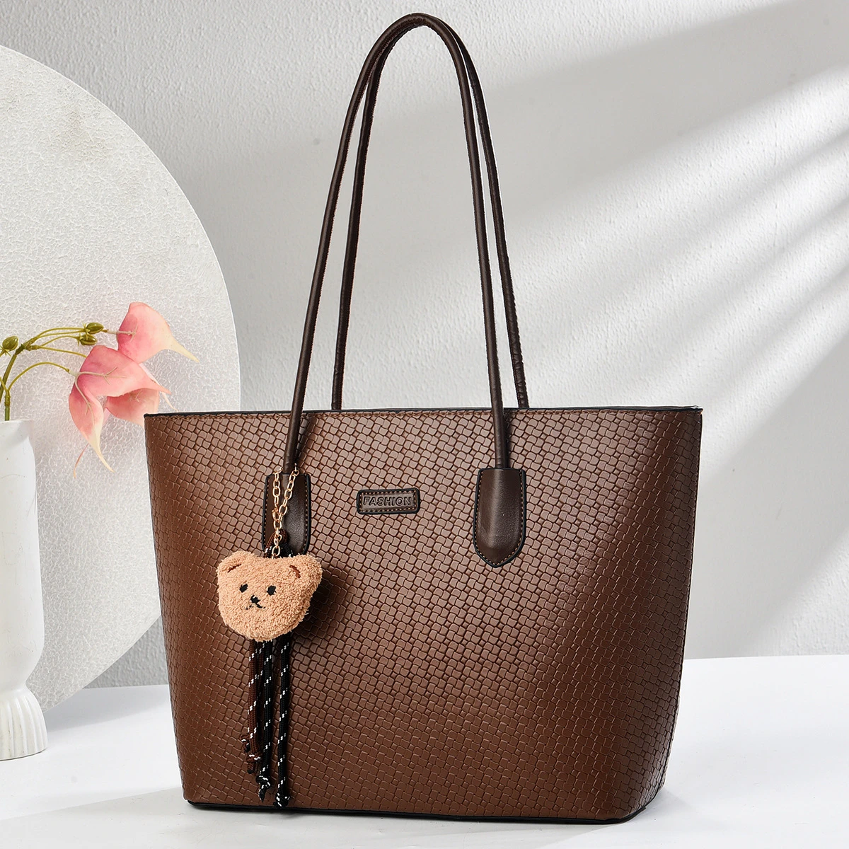 Woven Texture Tote & Crossbody Bag with Bear Pendant